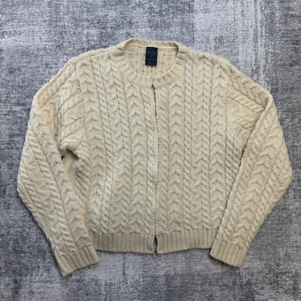 VTG Paul James Sweater Womens Medium Cream Wool Cable Knit Cardigan England